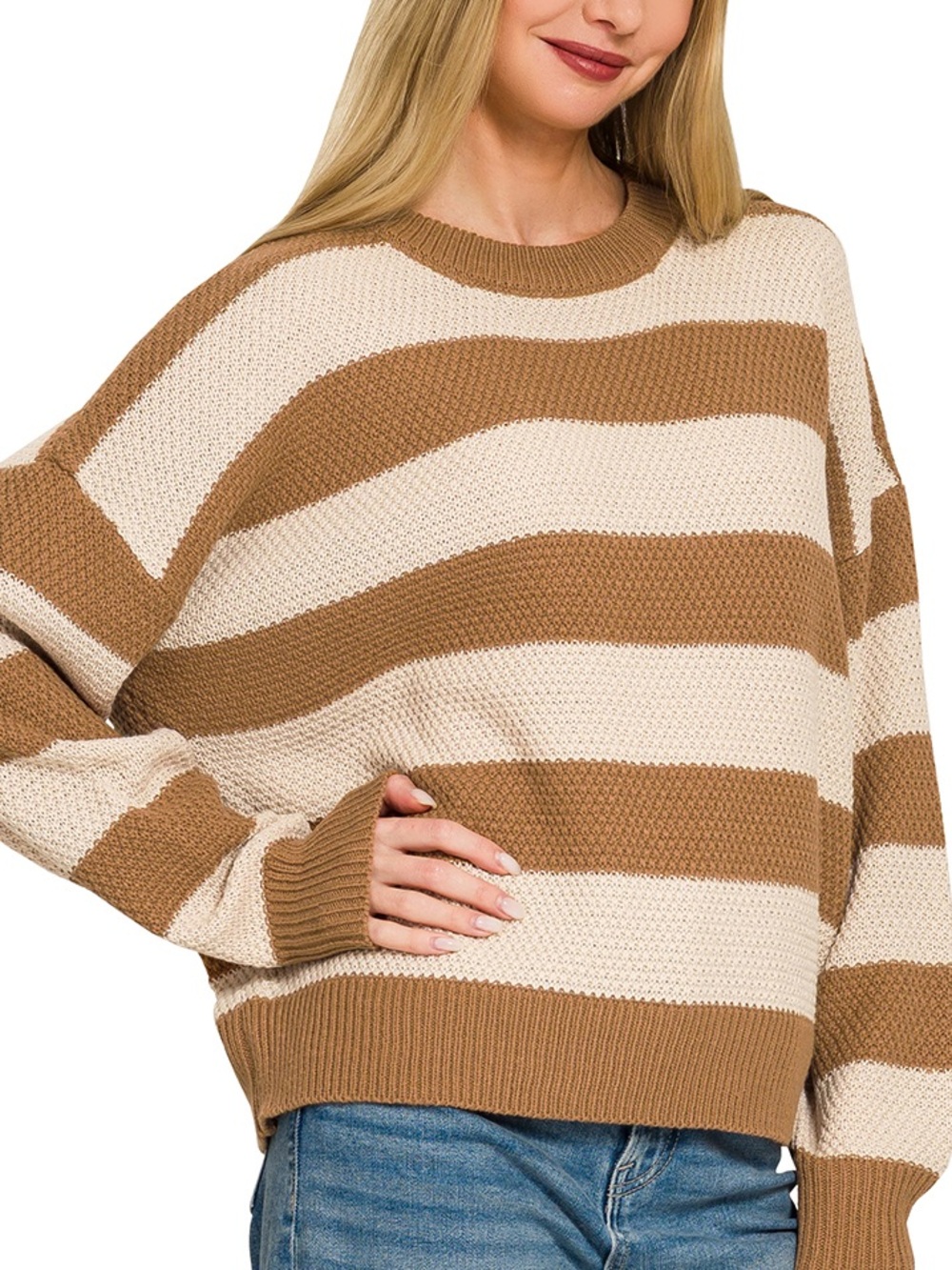 “ Varsity Coast “ Stripe Drop Shoulder Sweater | Deep Camel & Cornflower Blue - Picture 5 of 9